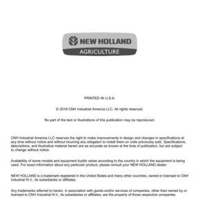 May include: A white document with the "NEW HOLLAND AGRICULTURE" logo. The document includes text about technical publications and tools, copyright information, and trademark details. Printed in the U.S.A.