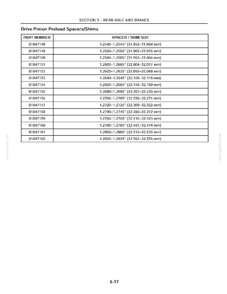 May include: A technical table titled Section 5 - Rear Axle and Brakes, listing Drive Pinion Preload Spacers/Shims. The table includes part numbers from 81847148 to 81847162 with corresponding spacer and shim sizes in inches and millimeters.