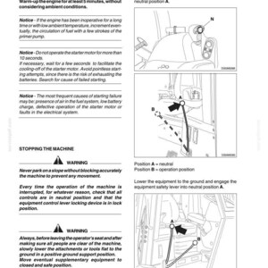 May include: A technical manual page labeled D350, page 36, providing instructions for starting and stopping machinery. It includes text warnings, diagrams of gear shifting controls, and safety levers labeled A and B for neutral and operation positions.