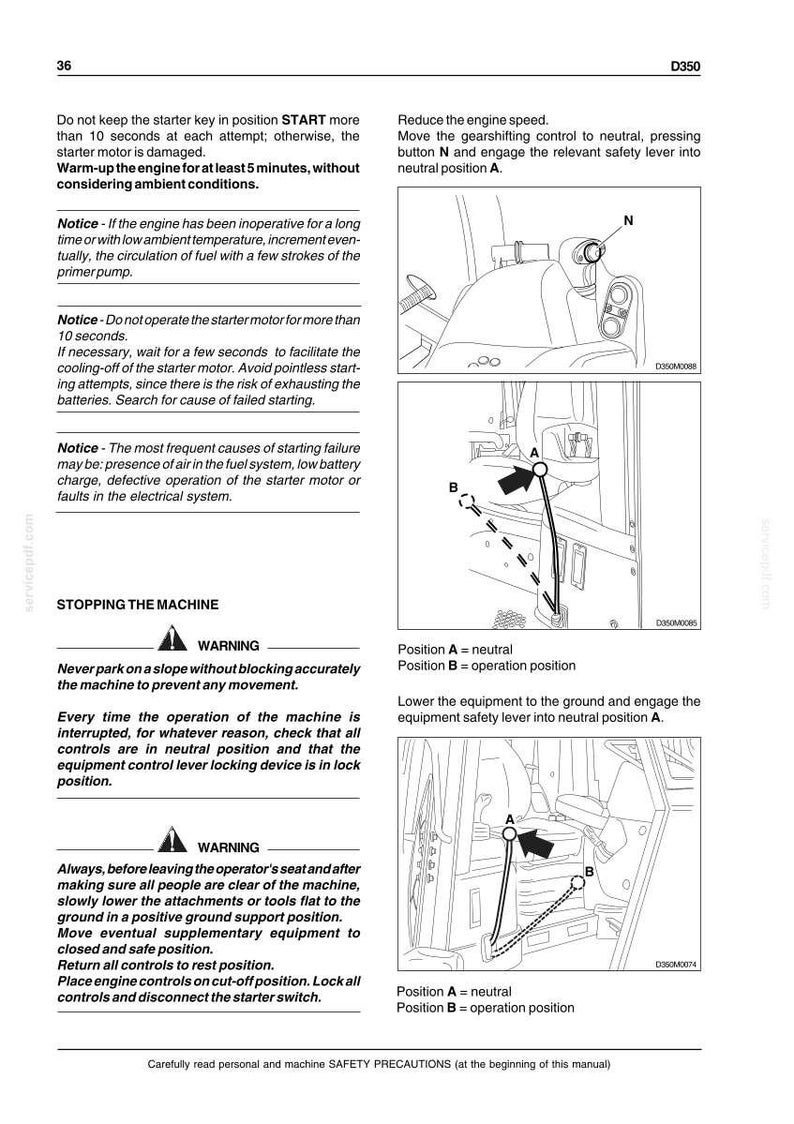 May include: A technical manual page labeled D350, page 36, providing instructions for starting and stopping machinery. It includes text warnings, diagrams of gear shifting controls, and safety levers labeled A and B for neutral and operation positions.
