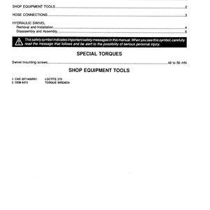 May include: A printed page from a manual with the title "Table of Contents." The page includes sections on special torques, shop equipment tools, and hose connections. There is a warning symbol and text about safety. The page is printed in England.