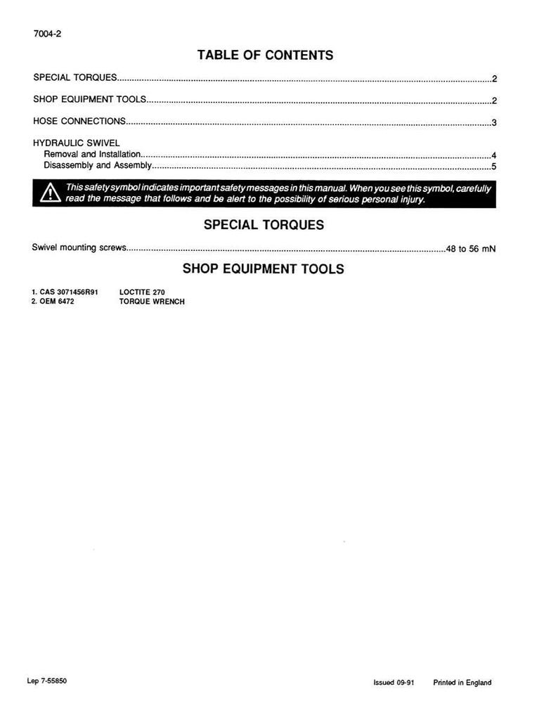 May include: A printed page from a manual with the title "Table of Contents." The page includes sections on special torques, shop equipment tools, and hose connections. There is a warning symbol and text about safety. The page is printed in England.