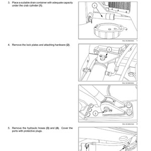 May include: Diagram illustrating the process of removing a steering cylinder. The image shows step-by-step instructions with numbered diagrams, including removing lock plates, hydraulic hoses, and using a drain container. Text includes "Cylinders - Remove the steering cylinder."