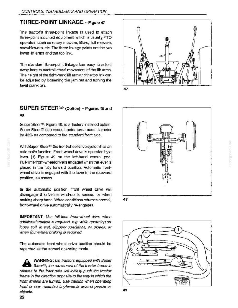 Pu&ograve; includere: Una pagina di manuale tecnico intitolata CONTROLS, INSTRUMENTS AND OPERATION con disegni al tratto in bianco e nero di un attacco a tre punti, un assale anteriore Super Steer e una leva di comando contrassegnata dal numero 1.