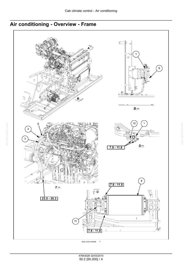 May include: Diagram of an air conditioning system, labeled "Air conditioning - Overview - Frame." The diagram includes detailed illustrations of components with measurements in the range of 7.8-11.8 and 23.5-35.3.