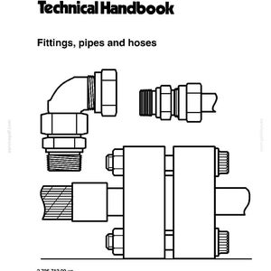 May include: A technical handbook illustration featuring various fittings, pipes, and hoses. The image includes an elbow fitting, a straight connector, and a flanged connection, all in a technical drawing style. The text "Technical Handbook" and "Fittings, pipes and hoses" are displayed.