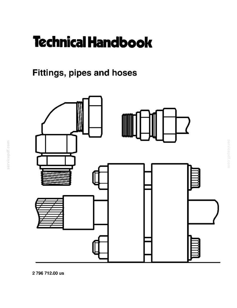 May include: A technical handbook illustration featuring various fittings, pipes, and hoses. The image includes an elbow fitting, a straight connector, and a flanged connection, all in a technical drawing style. The text "Technical Handbook" and "Fittings, pipes and hoses" are displayed.