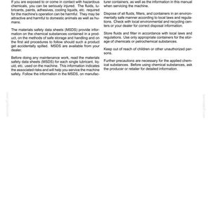 May include: A black and white document page titled 2-SAFETY INFORMATION, featuring the heading Safety rules - Hazardous chemicals. The text provides instructions on handling, storing, and disposing of hazardous fluids, lubricants, and paints.