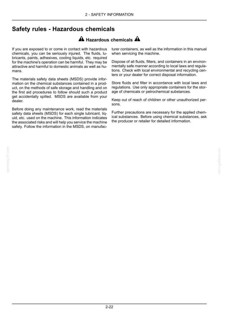 May include: A black and white document page titled 2-SAFETY INFORMATION, featuring the heading Safety rules - Hazardous chemicals. The text provides instructions on handling, storing, and disposing of hazardous fluids, lubricants, and paints.