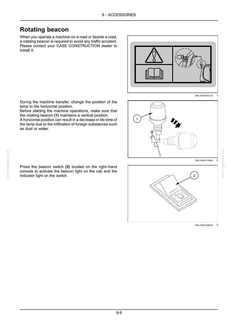 May include: Diagram of a rotating beacon with instructions. The image shows a beacon light, a switch, and diagrams illustrating the beacon's operation and positioning. Text includes safety instructions and operational guidance.