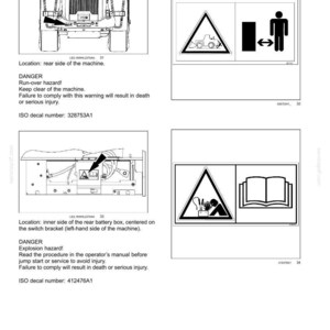 May include: A technical document page titled 2-SAFETY INFORMATION featuring two safety decals. The first shows a run-over hazard warning with a machine and person icon. The second shows an explosion hazard warning with a battery and manual icon.