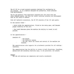 Op de afbeelding: Een pagina uit een document getiteld "CHARACTERISTICS" met het nummer "01.0011" en "Pagina 5". De tekst beschrijft de SC 150 rupsgraafmachine, de kenmerken en componenten.