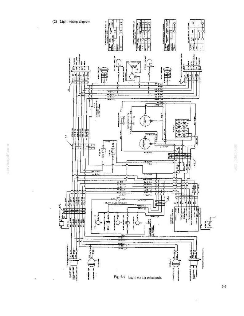 May include: A technical black and white light wiring diagram labeled Fig. 5-5 Light wiring schematic. The document displays complex electrical circuits, various symbols for lamps, switches, and connectors, with text annotations detailing connections.