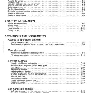 May include: A white document titled "Contents" with a list of topics, including "General Information," "Safety Information," and "Controls and Instruments." The document has page numbers and is likely a manual.