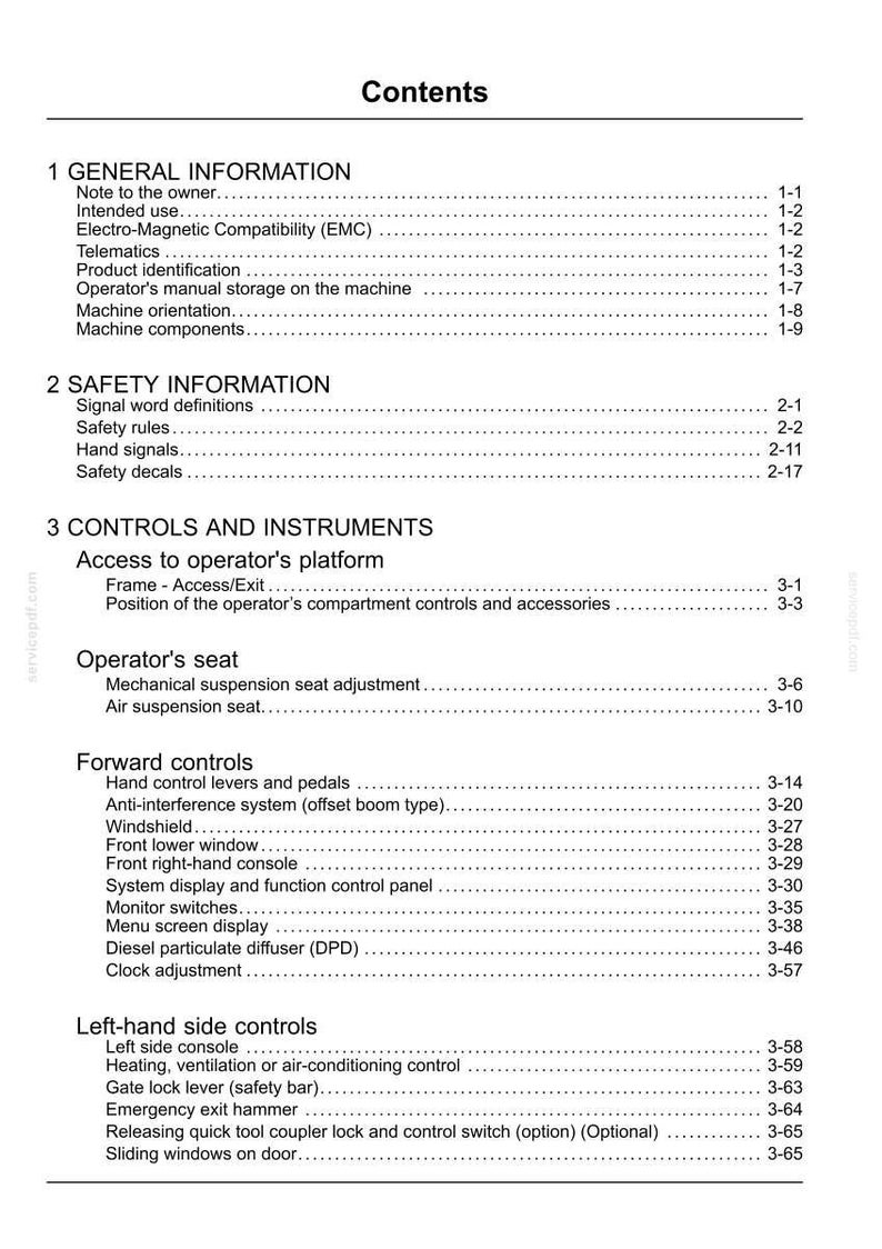 May include: A white document titled "Contents" with a list of topics, including "General Information," "Safety Information," and "Controls and Instruments." The document has page numbers and is likely a manual.