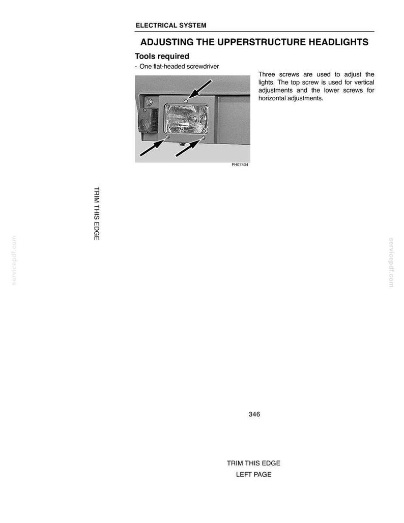 May include: Diagram illustrating headlight adjustment. Text reads "Adjusting the Upperstructure Headlights." The image shows a headlight with arrows pointing to three screws. Text indicates a flat-headed screwdriver is required.