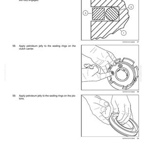 Op de afbeelding: Technische diagrammen en instructies voor de aandrijflijn. Bevat illustraties van O-ringen, Teflon-afdichtingen en koppelingsdragers. De tekst beschrijft de installatiestappen en het aanbrengen van vaseline. Handleiding.