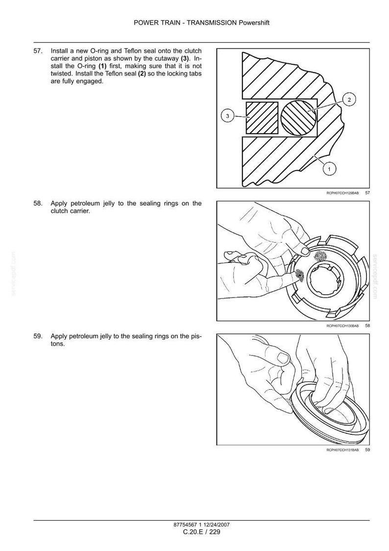 Op de afbeelding: Technische diagrammen en instructies voor de aandrijflijn. Bevat illustraties van O-ringen, Teflon-afdichtingen en koppelingsdragers. De tekst beschrijft de installatiestappen en het aanbrengen van vaseline. Handleiding.