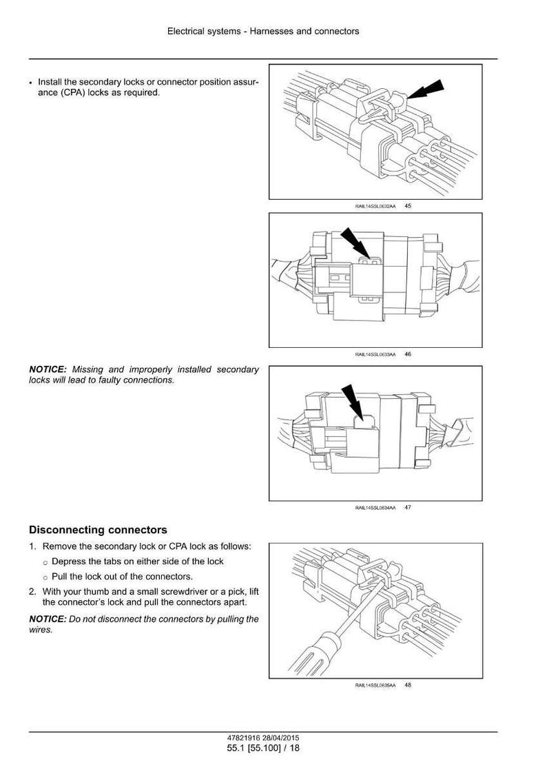 K&ouml;nnte beinhalten: Diagramm von elektrischen Steckverbindern mit Pfeilen, die die Verriegelungspositionen anzeigen. Anweisungen zur Installation und zum Trennen, wobei die richtige Vorgehensweise zur Vermeidung von Fehlern hervorgehoben wird. Text: "Elektrische Systeme - Kabelb&auml;ume und Steckverbinder."