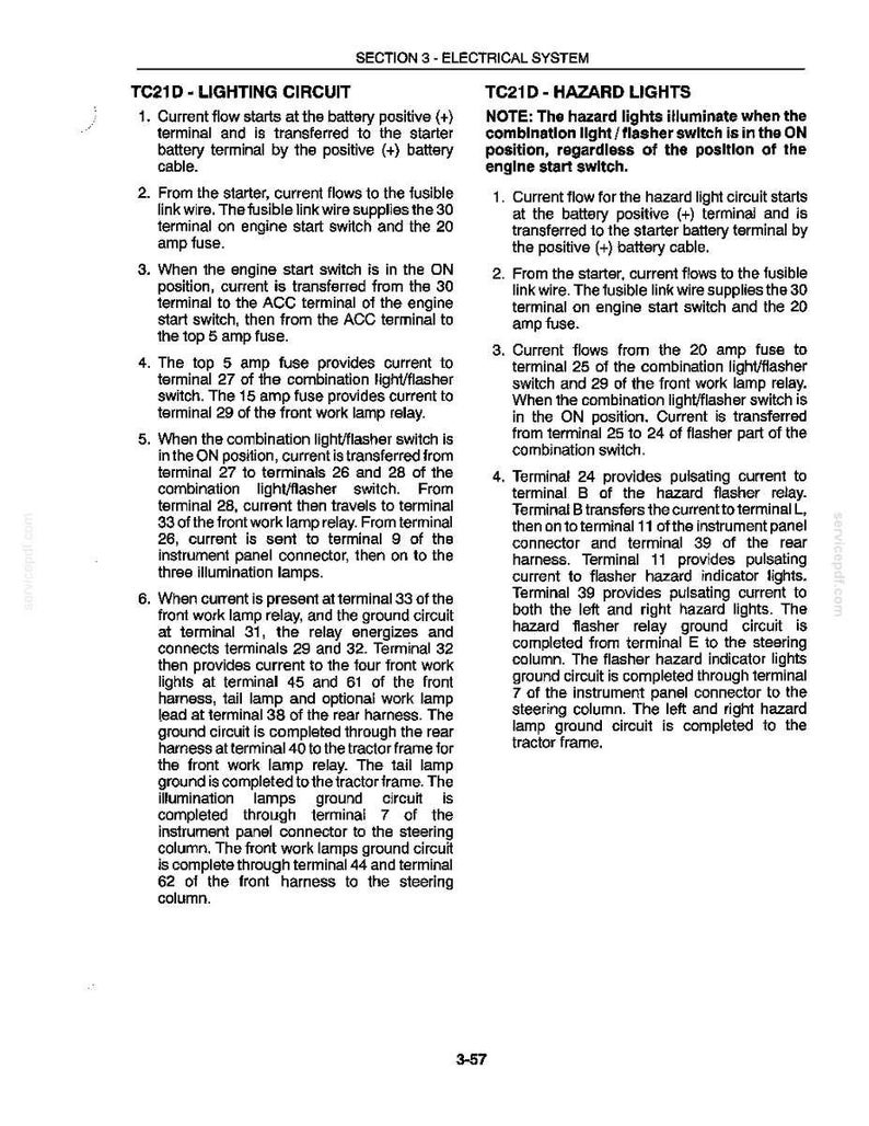 May include: A technical document page titled SECTION 3 - ELECTRICAL SYSTEM, detailing the TC21D lighting circuit and hazard lights. The text outlines current flow from the battery through fuses, switches, relays, and terminals for tractor operation.