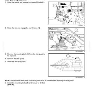 May include: Diagram showing the process to replace stub guards on a header cutting mechanism. The image provides step-by-step instructions with diagrams, including removing and installing parts. The text includes torque specifications in N-m.