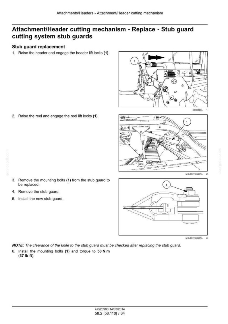 May include: Diagram showing the process to replace stub guards on a header cutting mechanism. The image provides step-by-step instructions with diagrams, including removing and installing parts. The text includes torque specifications in N-m.