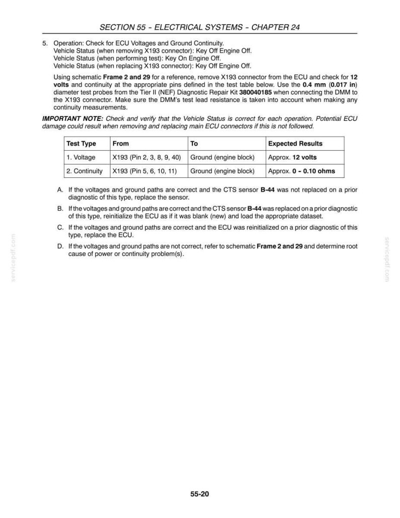 Pode incluir: Uma p&aacute;gina de documento t&eacute;cnico intitulada Section 55 Electrical Systems Chapter 24, detalhando procedimentos de diagn&oacute;stico para tens&otilde;es da ECU e continuidade de aterramento. Inclui instru&ccedil;&otilde;es para o conector X193, uma tabela de testes e os passos A a D.