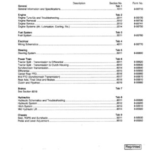 May include: A page from a 265 Tractor Service Manual, showing the table of contents. The document details sections on the engine, fuel system, electrical, steering, power train, brakes, hydraulics, and chassis. The manual was reprinted in the USA in June 1989.