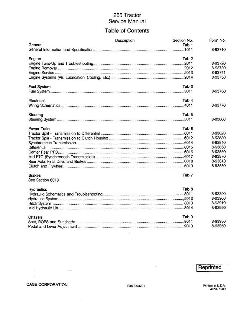 May include: A page from a 265 Tractor Service Manual, showing the table of contents. The document details sections on the engine, fuel system, electrical, steering, power train, brakes, hydraulics, and chassis. The manual was reprinted in the USA in June 1989.