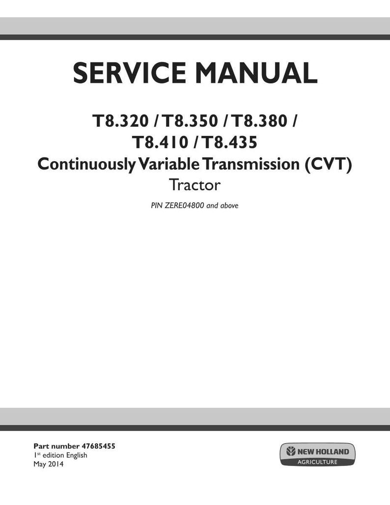 May include: A white service manual cover with black text. The title "SERVICE MANUAL" is at the top. Below, the manual covers the T8.320, T8.350, T8.380, T8.410, and T8.435 tractor models. The bottom has the New Holland Agriculture logo.
