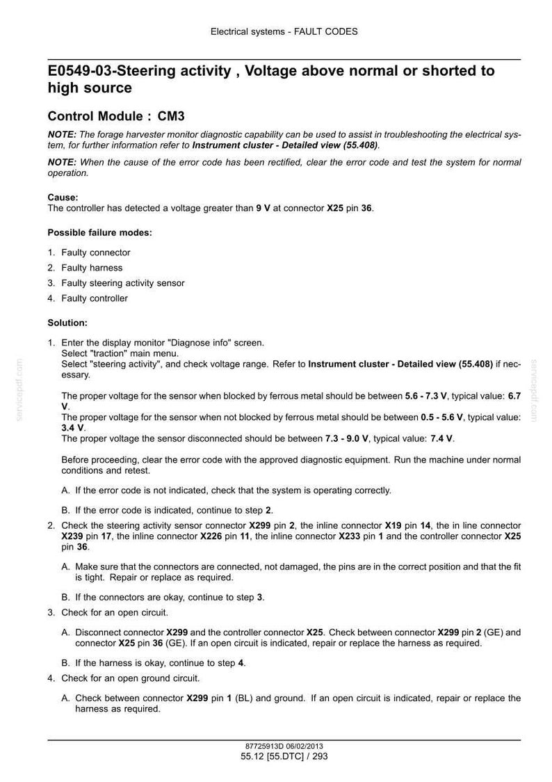 Pu&ograve; includere: Un documento tecnico intitolato Electrical systems - FAULT CODES E0549-03-Steering activity, Voltage above normal or shorted to high source. Descrive il modulo di controllo CM3, le cause, le possibili modalit&agrave; di guasto e le procedure di risoluzione.