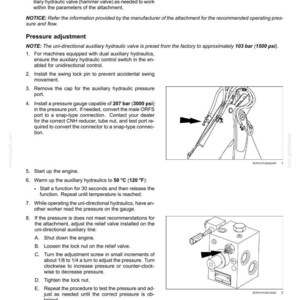 May include: Diagram of hydraulic system maintenance instructions. Includes steps for pressure adjustment, engine start-up, and temperature monitoring. Features close-up illustrations of components and text instructions.