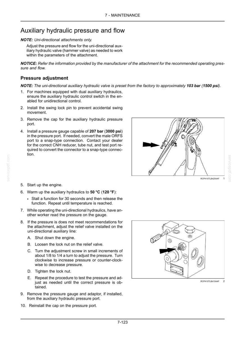 May include: Diagram of hydraulic system maintenance instructions. Includes steps for pressure adjustment, engine start-up, and temperature monitoring. Features close-up illustrations of components and text instructions.