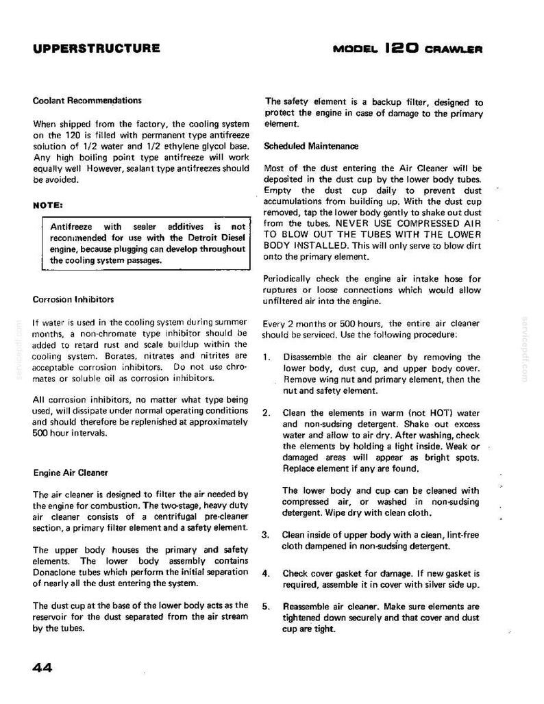 Puede incluir: P&aacute;gina de un manual titulada "UPPERSTRUCTURE MODEL 120 CRAWLER" con texto sobre recomendaciones de refrigerante, inhibidores de corrosi&oacute;n y mantenimiento del filtro de aire del motor. Incluye diagramas e instrucciones.