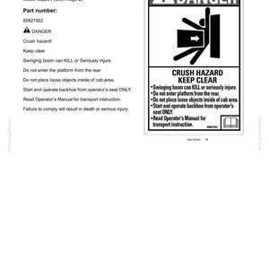 May include: A safety sign for a backhoe attachment featuring a DANGER header, a graphic of a person being crushed by a swinging boom, and text stating CRUSH HAZARD KEEP CLEAR, warning that the boom can kill or seriously injure, and to read the manual.