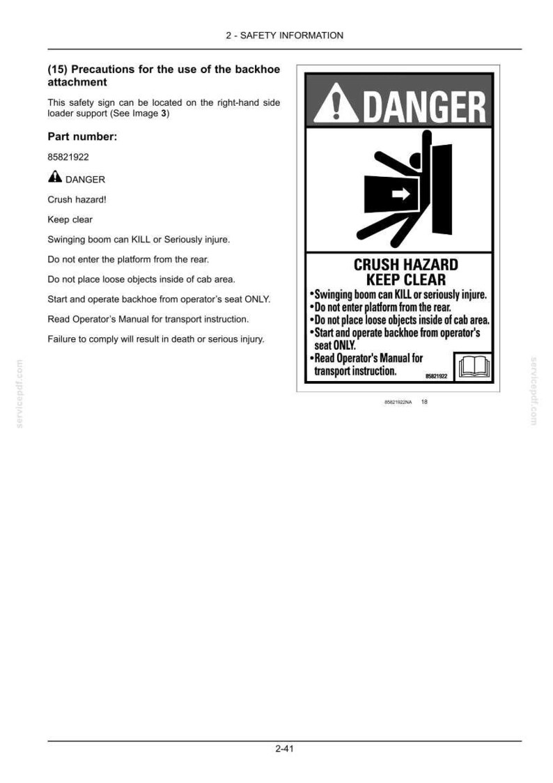 May include: A safety sign for a backhoe attachment featuring a DANGER header, a graphic of a person being crushed by a swinging boom, and text stating CRUSH HAZARD KEEP CLEAR, warning that the boom can kill or seriously injure, and to read the manual.