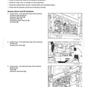 May include: Diagram of a machine's engine compartment with labels for maintenance checks. Includes hydraulic sight gauge, filters, and fuel filter. Text details engine start checks and access door locations.