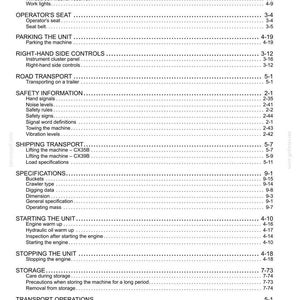 May include: A detailed contents list from a manual, with headings and page numbers. Sections include Operator's Seat, Safety Information, Shipping Transport, Specifications, and Starting the Unit. The text is in black on a white background.