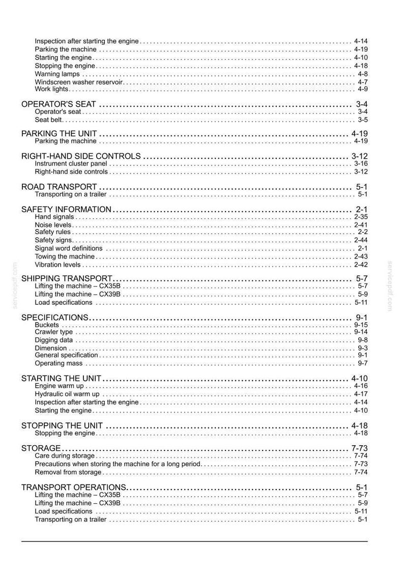 May include: A detailed contents list from a manual, with headings and page numbers. Sections include Operator's Seat, Safety Information, Shipping Transport, Specifications, and Starting the Unit. The text is in black on a white background.