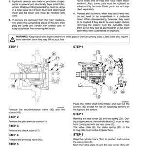 May include: Diagram of hydraulic device disassembly steps, including valve removal and component identification. Text instructions and numbered parts are shown. Includes a warning about hand safety.