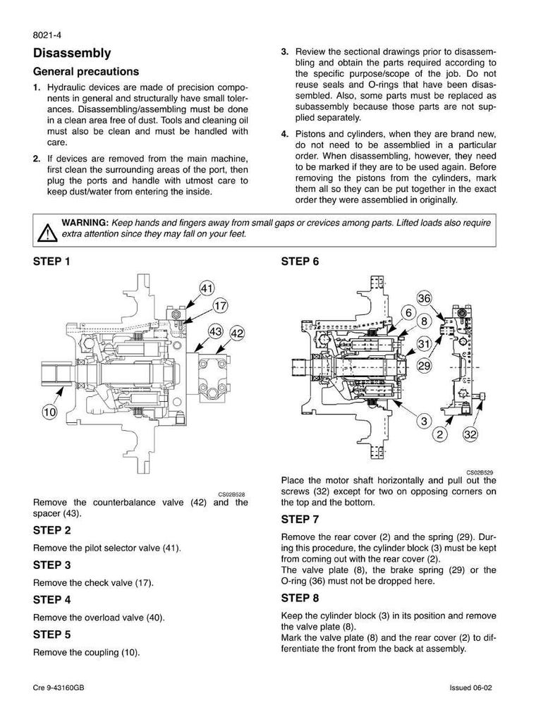 May include: Diagram of hydraulic device disassembly steps, including valve removal and component identification. Text instructions and numbered parts are shown. Includes a warning about hand safety.