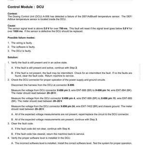 May include: A technical document outlining fault codes for electrical systems, focusing on replacing a Dosing Control Unit (DCU). It provides troubleshooting steps, voltage readings, and software verification instructions.