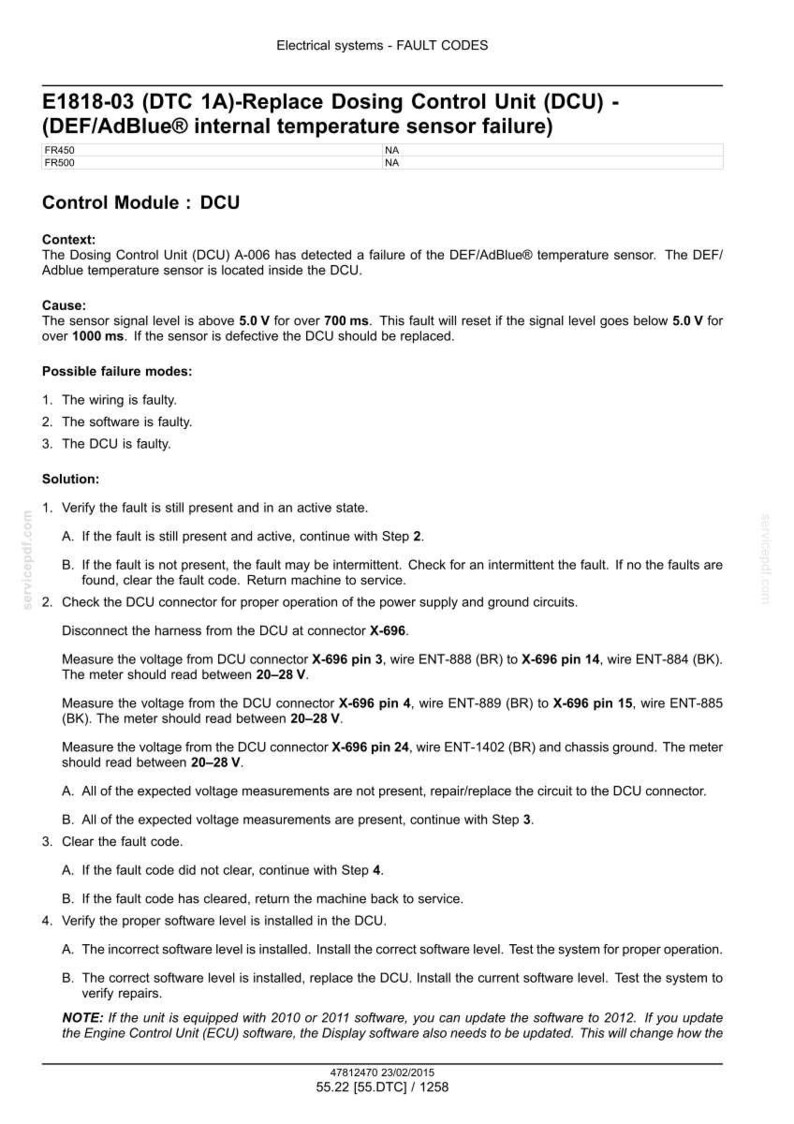 May include: A technical document outlining fault codes for electrical systems, focusing on replacing a Dosing Control Unit (DCU). It provides troubleshooting steps, voltage readings, and software verification instructions.