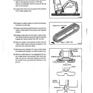 May include: A technical maintenance page titled MAINTENANCE B. INSTALLING RUBBER CRAWLER SHOE. It features black and white line drawings of an excavator, a crawler track assembly with a steel pipe, and cross-section diagrams of rollers and sprockets.