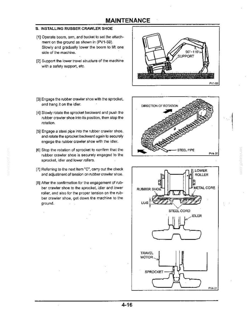 May include: A technical maintenance page titled MAINTENANCE B. INSTALLING RUBBER CRAWLER SHOE. It features black and white line drawings of an excavator, a crawler track assembly with a steel pipe, and cross-section diagrams of rollers and sprockets.