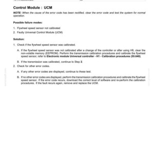 May include: A technical document detailing fault codes for electrical systems. The document includes information on the 2303-Damper calibration low error, possible failure modes, and solutions. The text is in black font on a white background.