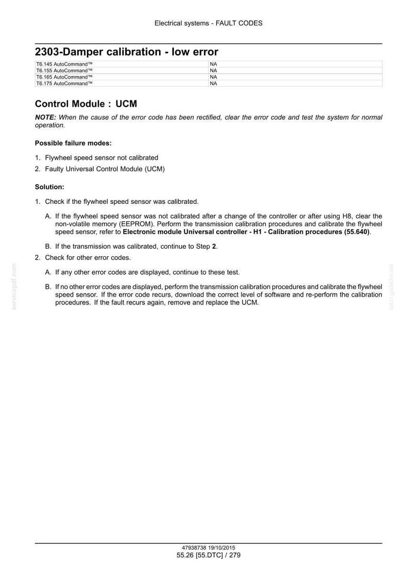 May include: A technical document detailing fault codes for electrical systems. The document includes information on the 2303-Damper calibration low error, possible failure modes, and solutions. The text is in black font on a white background.