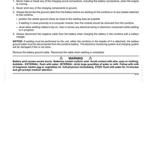 May include: A white document with black text providing instructions on protecting electronic systems during charging or welding. Includes safety warnings about battery acid and first aid measures. The document is titled "PROTECTING THE ELECTRONIC/ ELECTRICAL SYSTEMS".