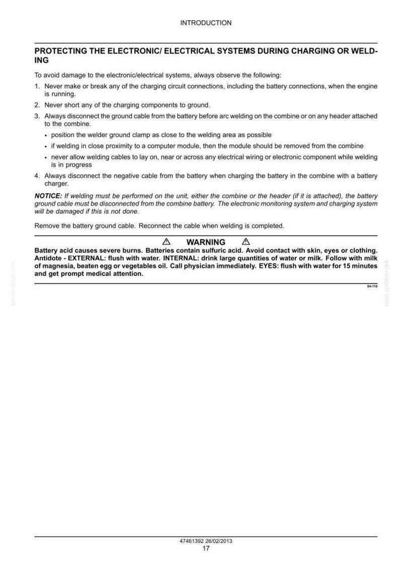May include: A white document with black text providing instructions on protecting electronic systems during charging or welding. Includes safety warnings about battery acid and first aid measures. The document is titled "PROTECTING THE ELECTRONIC/ ELECTRICAL SYSTEMS".