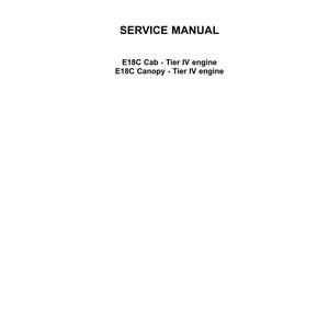 Op de afbeelding: Een witte pagina met het "NEW HOLLAND CONSTRUCTION" logo bovenaan. De tekst "SERVICE MANUAL" staat gecentreerd eronder. Daaronder staan de motormodel details: E18C Cab - Tier IV engine en E18C Canopy - Tier IV engine.